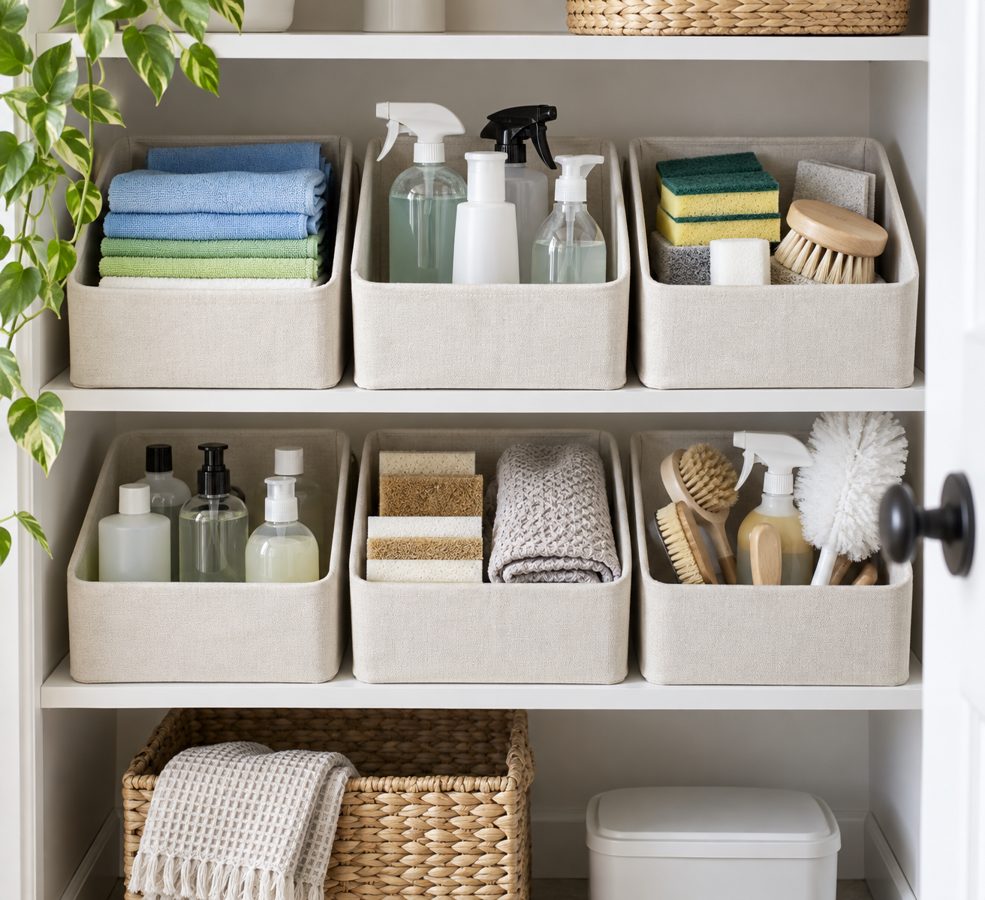 A tidy shelf of bins for everyday cleaning supplies