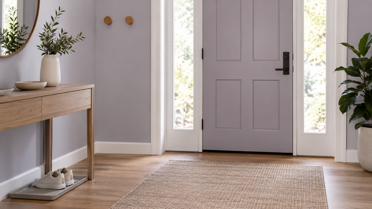 A shoe tray, shallow dish and wall hooks beside an unobstructed entryway.