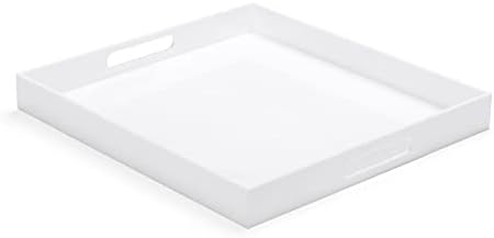 White Acrylic Large Ottoman Tray with Handles 18"x18"x2" Spill Proof Serving Tray Rubber Boot Organizer Tray Decorative for Living Room Bedroom Kitchen Entryway Coffee Table Countertop by ATOZONE