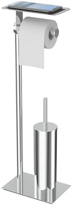 Toilet Paper Holder Stand, Free Standing Toilet Paper Holder with Shelf for Bathroom, Stainless Steel Chrome Toilet Tissue Holder with Brush and Holder Set, Weighted Base by WZKALY