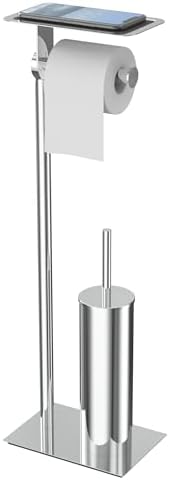 Toilet Paper Holder Stand, Free Standing Toilet Paper Holder with Shelf for Bathroom, Stainless Steel Chrome Toilet Tissue Holder with Brush and Holder Set, Weighted Base by WZKALY