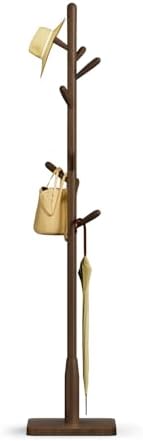 Solid Wood Square Base Coat Rack, Free Standing Hall Coat Tree with 8 Hooks（+2 spare) for Coats, Hats, Bags, Purses, for Entryway, Hallway, Rubberwood Hooks,Base and Pole,(Square Base, Dark Walnut) by Unknown