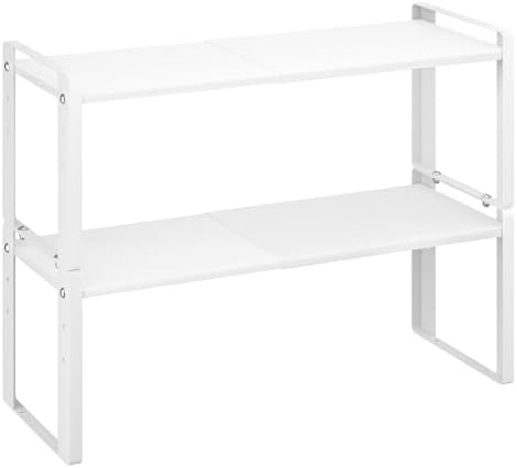 2 Pack Expandable Cabinet Organizer Shelves, 88lbs High Weight Capacity, Stackable Heavy-Duty Metal Storage Rack, Adjustable Cabinet Shelf for Kitchen, Pantry, Cupboard, Under Sink, White by Unknown
