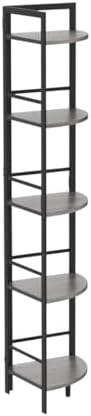 BON AUGURE Industrial Corner Shelf Stand, Tall Corner Bookshelf, Wood Metal 5 Tier Bookcase Shelves, Display Shelving Unit for Kitchen, Living Room (Dark Grey Oak) - Image 4