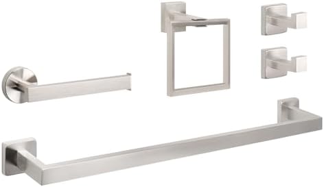 NearMoon 5 Pieces Bathroom Hardware Set 304 Stainless Steel, Square Towel Rack Kit - 24" Towel Rod + Towel Ring + Toilet Paper Holder + 2 Robe Hooks, Wall Mounted Bath Accessories (Brushed Nickel) by NearMoon
