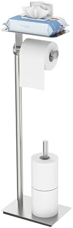Toilet Paper Holder Stand, Free Standing Toilet Paper Holder with Shelf for Bathroom, Stainless Steel Brushed Nickel Toilet Paper Roll Holder with Storage, Reserve for 3 Rolls, Weighted Base by WZKALY
