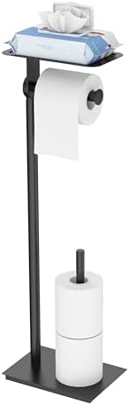 Toilet Paper Holder Stand, Free Standing Toilet Paper Holder with Shelf for Bathroom, Stainless Steel Toilet Paper Roll Holder with Storage, Reserve for 3 Rolls, Weighted Base(Matte Black) by WZKALY