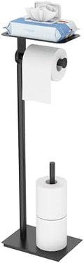 Toilet Paper Holder Stand, Free Standing Toilet Paper Holder with Shelf for Bathroom, Stainless Steel Toilet Paper Roll Holder with Storage, Reserve for 3 Rolls, Weighted Base(Matte Black) by WZKALY
