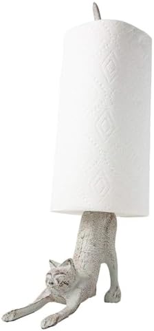 Yoga Cat Decorative Paper Towel Holder or Toilet Paper Holder by Comfify - Adorable Downward Dog Pose Kitty- Cast Iron Paper Towel Stand - Antiqued Cast Iron White Color - 19" Tall by Comfify