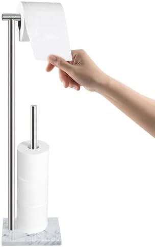 Toilet Paper Holder Stand with Weighted Natural Marble Base, Bathroom Free Standing Toilet Paper Roll Holder with Reserve, Standing Toilet Tissue Holder with Storage (Brushed Nickel, with Storage) by Nodafuer