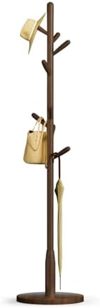 Solid Wood Round Base Coat Rack, Free Standing Hall Coat Tree with 8 Hooks（+2 spare) for Coats, Hats, Bags, Purses, for Entryway, Hallway, Rubberwood Hooks,Base and Pole(Round Base,Dark Walnut) by Unknown