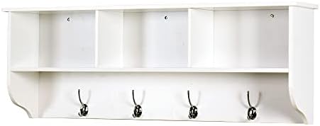 Wall Rack Shelf with 4 Dual Hooks Entryway Wood Storage Cubes Hanger Storage Unit for Living Room Bathroom Kitchen, White - Image 5