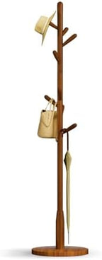 Solid Wood Round Base Coat Rack, Free Standing Hall Coat Tree with 8 Hooks（+2 spare for Coats, Hats, Bags, Purses, for Entryway, Hallway, Rubberwood Hooks,Base and Pole(Round Base,Brown) by Unknown