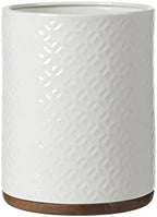 Bathroom Wastebasket - Ceramic Decorative Trash Can with Wooden Base (White and Beige)… by MotifeurHomeDecor