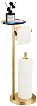 Toilet Paper Holder Free Standing, Brushed Gold Toilet Paper Roll Storage with Reserve and Phone Shelf, Stainless Steel Floor Bathroom Tissue Dispenser and Organizer by Hiendure
