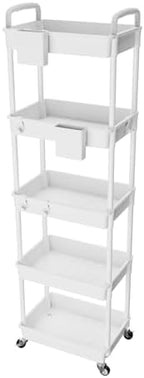 5 Tier Rolling Utility Cart with Handle,REBECAT Utility Cart Made of Multifunctional Storage Organizer Tool for Kitchen,Bathroom,Living Room,Office(White) by REBECAT