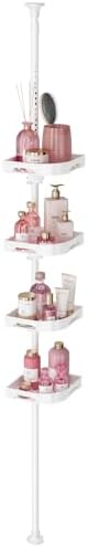 akinbas Tension Pole Shower Caddy Organizer with 4 Tier L-Shaped Rust Resistant Bathroom Corner Shelves with 34-124 Inch Adjustable No Drilling Quick Install Shower Rack for Bath Essentials (White) by AKINBAS