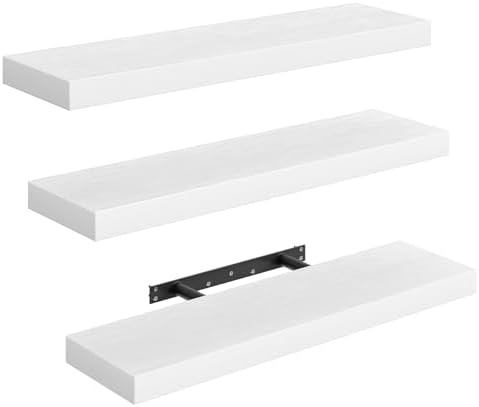 RALGEND Floating Shelves for Wall, 23.6" Wall Shelf Set of 3 with Invisible Brackets, 1.5" Thick Hanging Shelves Farmhouse Home Decor for Bathroom, Living Room, Bedroom, White 6301BJP3WT by RALGEND