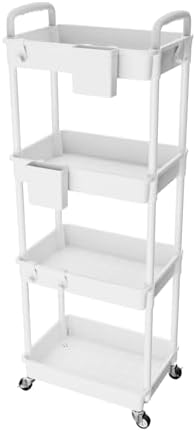 4 Tier Rolling Utility Cart with Handle,REBECAT Utility Cart Made of Multifunctional Storage Organizer Tool for Kitchen,Bathroom,Living Room,Office(White) by REBECAT