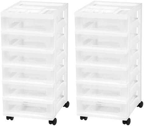 IRIS USA Plastic Drawer Storage Organizer Rolling Cart, 2-Pack, with Wheels Casters, 6-Drawers, for Classroom Art Craft Supplies Dresser Closet Bathroom Laundry Room, White/Clear by IRISUSA