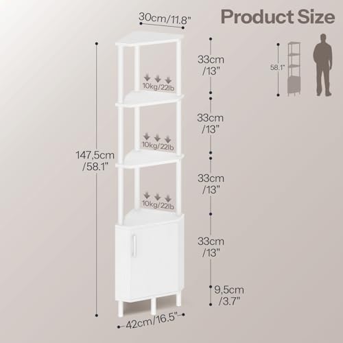 HOOBRO Corner Cabinet with LED Light, Corner Shelf Stand with Storage and Doors, 5-Tier Industrial Corner Bookshelf, 59” Tall Display Rack Shelf, for Living Room, Kitchen, White WT147DCJ01 - Image 2