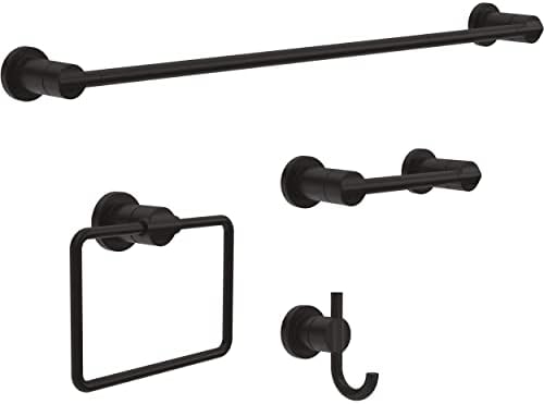 Delta 4-Piece Matte Black Bathroom Set Towel Rack, Ring, Toilet Paper Holder, Hook | Nicoli Bath Accessories by Unknown