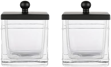 Glass Cotton Jar Holder 2 Pack– Matte Black Lid, Elegant Bathroom Storage Canister for Qtips, Cotton Balls, Floss, Makeup Organizer, Vanity & Bathroom Organization by IndecorHome