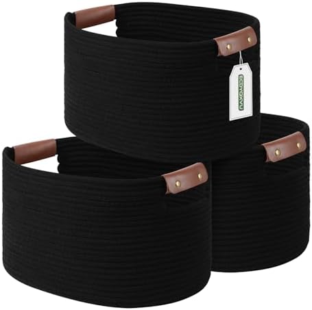 ECDYQXVU 15x10x9 Black Woven Cotton Rope Storage Basket Handles 3 Pack by ECDYQXVU