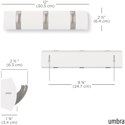 Umbra Flip Coat Rack, Wall Mount Retractable Hooks, White/Nickel, 3-Hook (Pack of 3) - Image 3