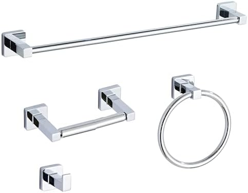 Chrome Bathroom Hardware Set 4 Pieces,Bathroom Accessories Set Stainless Steel Wall Mounted, Hand Towel Bar, Towel Ring, Robe Towel Hooks,Toilet Paper Holder,Towel Bar Set, 23.6 Inch by bluebyrne