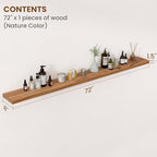 Floating Shelves for Wall Decor, 8" Deep Rustic Solid Elm Wood Floating Shelves Wall Mounted, Wall Shelves with Invisible Bracket for Living Room Bathroom Bedroom Kitchen, 72 Inch Set of 1, Natural - Image 2