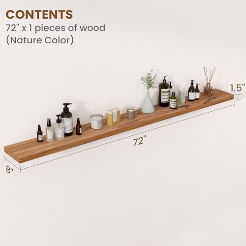 Floating Shelves for Wall Decor, 8" Deep Rustic Solid Elm Wood Floating Shelves Wall Mounted, Wall Shelves with Invisible Bracket for Living Room Bathroom Bedroom Kitchen, 72 Inch Set of 1, Natural - Image 2