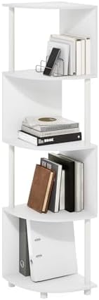 Furinno ECON Corner Shelf, 4-Tier Corner Book Shelf, Zigzag Storage Shelves, Display Rack, Bookshelf, for Organization and Storage, Living Room, Home Office, White by Furinno-FitsYourSpaceFitsYourBudget
