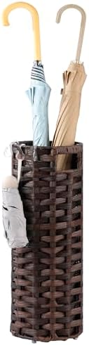 Rattan Umbrella Stand, Umbrella Holder for Entryway, Hand Woven Umbrella Rack Organizer Freestanding, with a Detachable Drip Tray, 4 Hooks, 7.5" L x 7.5" W x 16.5" H, Brown by Unknown