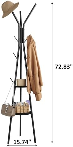 HOMEFORT Coat Rack, Coat Hanger Stand with 2 Shelves, Freestanding Hall Tree, Metal Hat Hanger with 12 Hooks for Clothes Hats and Scarves (Black) - Image 5