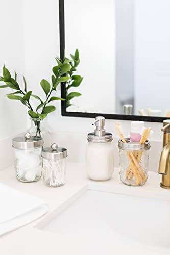Jarmazing Products Ball Mason Jar Bathroom Gift Set (4 pcs) - Lotion/Soap Dispenser, Toothbrush Holder, Q-Tip Storage Jars - Farmhouse Home Decor for Vanity Organization - Stainless Steel - Image 4