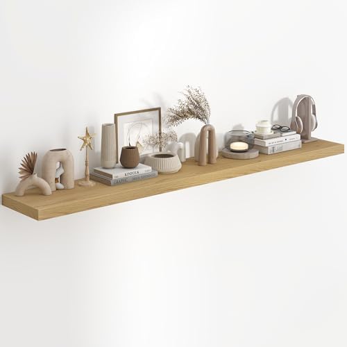 Fun Memories 72 Inch Long Floating Shelves for Wall, 72x9.3 Large Floating Shelf for Bedroom, Kitchen, Bathroom, Wall Mounted Rustic Wood Shelves with Invisible Bracket for Books, Decor, Oak by FunMemories