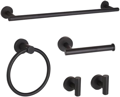 Matte Black Bathroom Hardware Set, Modern 24-Inch Towel Bar Set Wall Mounted, Towel Rack Set Black,Stainless Steel Bathroom Accessories Set Black,5-Pieces by Ntipox