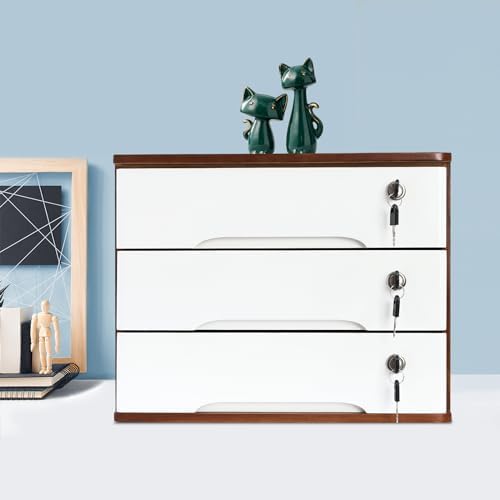 Lockable Desk Organizer Wooden Desktop Drawers Office Flat Files Storage Box Locking Countertop Storage Cabinet (Walnut + White, 3-Tier) - Image 2