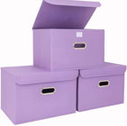 STOREONE Fabric Storage Cube Bins Foldable Organizer Container Collapsible Basket with Lids and Metal Handles, for Home, Bedroom, Closet 3 Pcs (multicolour-purple) by STOREONE