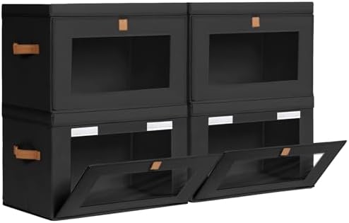 Homsorout Collapsible Storage Bins - Large Stackable Organizer Bins, Decorative Boxes with Handles & Window, Fabric Containers for Living Room, Closet, Dorm, 4 Pack, Black by Homsorout