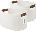 ECDYQXVU 15x10x9 Woven Cotton Rope Storage Basket, Leather Handles 2 Pack by ECDYQXVU