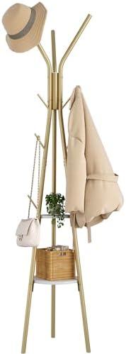 HOMEFORT Coat Rack, Coat Hanger Stand with 2 Shelves, Freestanding Hall Tree, Metal Hat Hanger with 12 Hooks for Clothes Hats and Scarves (Gold) by HOMEFORT