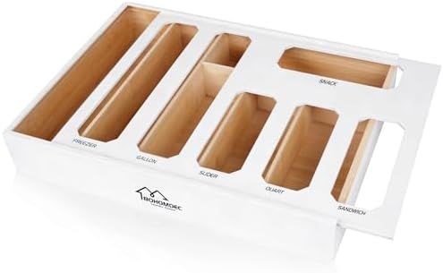 6 in 1 Bamboo Bag Storage Organizer, White Baggie Organizer for Drawer with Sliding Lid - Fits Gallon, Quart, Sandwich, Snack & Freezer Bags, Wall Mountable Kitchen Drawer Organization by BOHOMDEC