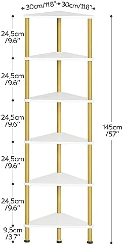 HOOBRO Corner Shelf Stand, Industrial 6-Tier Wall Corner Bookshelf with Metal Frame, Plant Display Shelf, Bookcase for Small Spaces, Living Room, White and Gold DW36CJ01 - Image 3