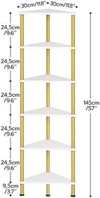 HOOBRO Corner Shelf Stand, Industrial 6-Tier Wall Corner Bookshelf with Metal Frame, Plant Display Shelf, Bookcase for Small Spaces, Living Room, White and Gold DW36CJ01 - Image 3