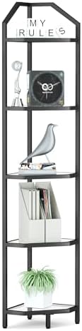 5-Tier Corner Shelf Stand, Black Corner Bookshelf, Bathroom Storage Rack Shelf, Plant Rack, Tempered Glass, Steel Frame, Modern Style for Living Room, Bathroom, Kitchen, Metallic Black by FunMemories