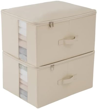 Under Bed Storage with Clear window/ 600D Sturdy Fabric, Underbed Storage Containers Bags for Clothes, Clothing, Blanket, Comforters Organizer (L（17.7x13.7x9.8in） for 20-25 T shirts, Beige) by CANFODUS