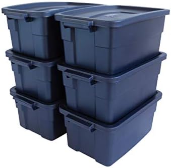 Rubbermaid Roughneck Tote 3 Gal, 6 Pack, Made in USA, Dark Indigo Metallic, Rugged Plastic Stackable Storage Bins with Lids and Handles by Rubbermaid