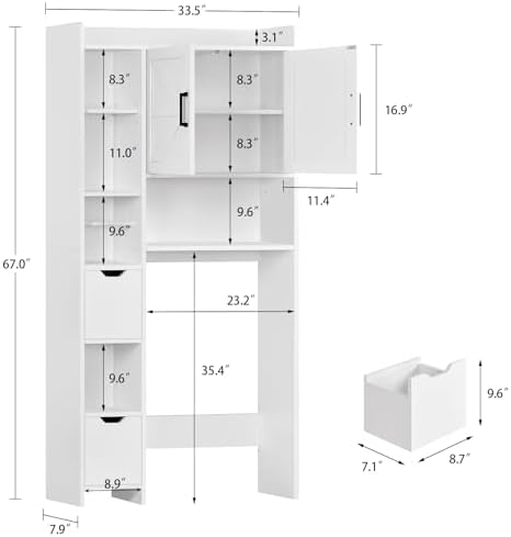 TEENFON Over the Toilet Storage Cabinet with 2 Removable Drawers, Above Toilet Storage Cabinet with 10 Storage Shelves, Taller Wooden Free Standing Bathroom Storage, Laundry Room Storage Shelf, White - Image 3